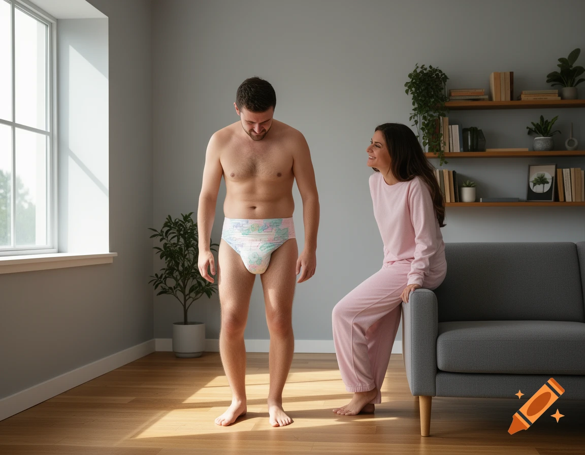 Photorealistic image of a man in a diaper standing as a woman in pink pajamas laughs at him from a couch in a living room.