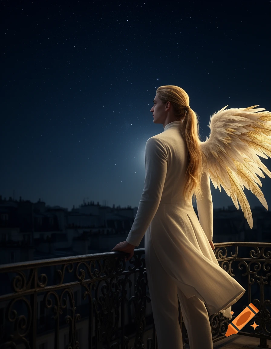 A blonde-haired angel in white stands on a balcony overlooking a starry night city.