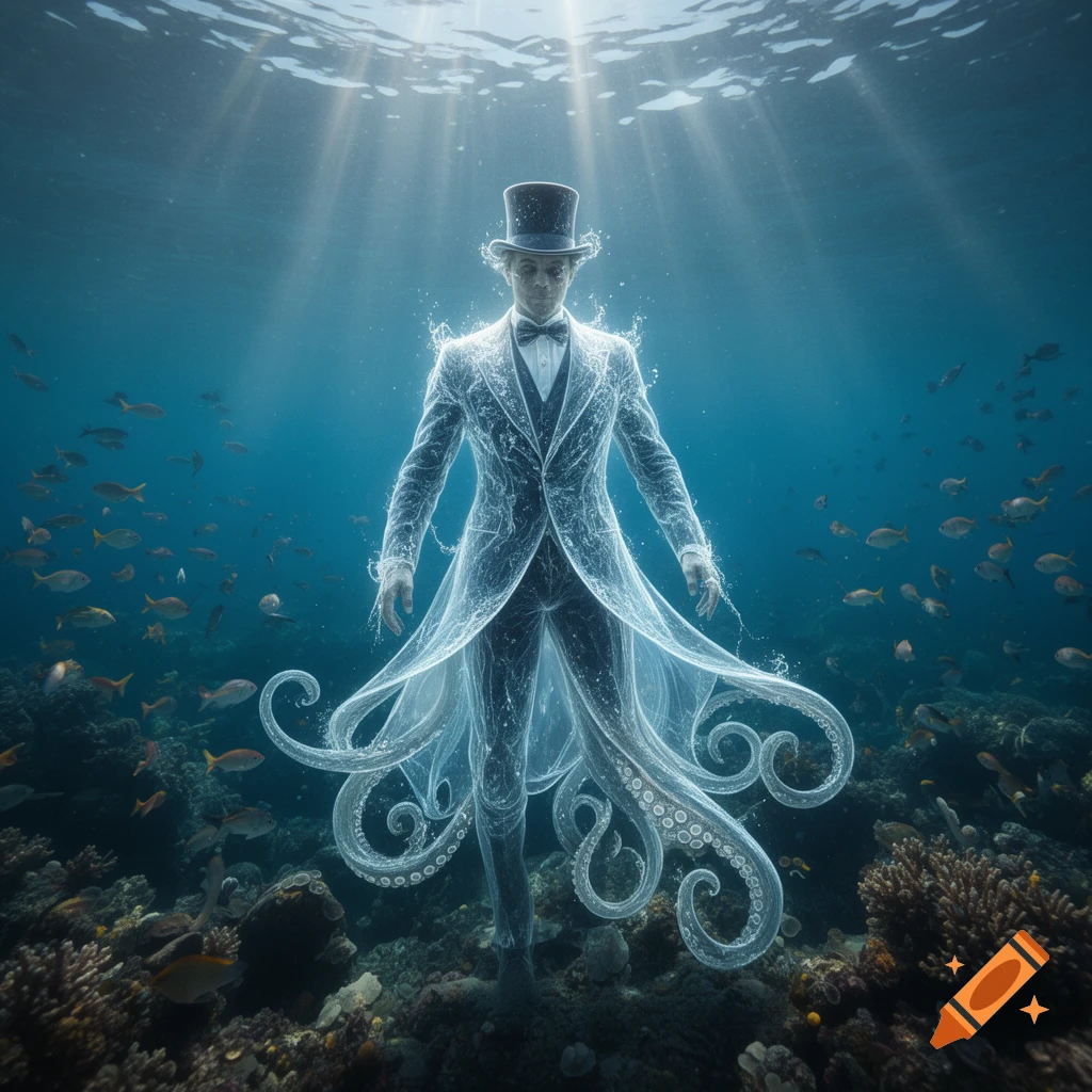 An ethereal man in a top hat and suit with glowing tentacles stands on coral underwater, surrounded by fish and sun rays.