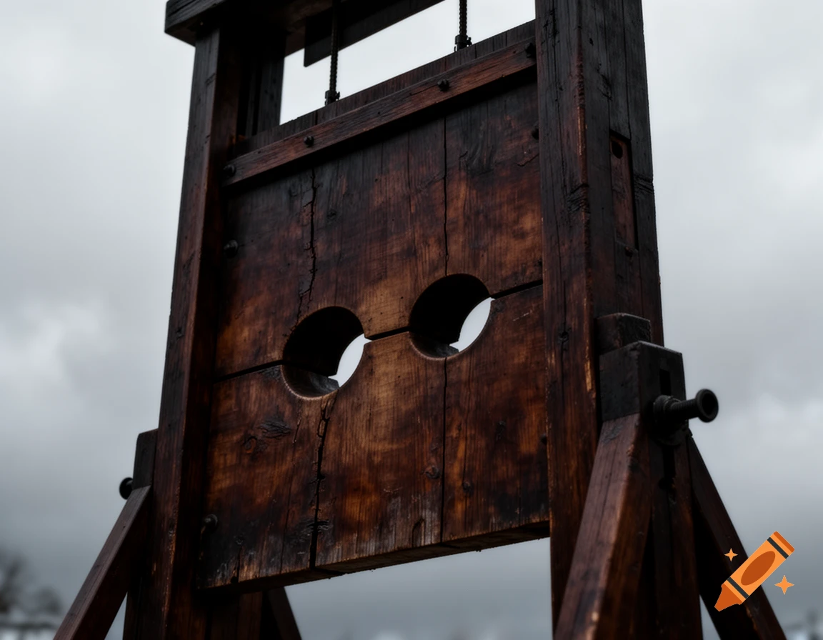Close-up, low-angle shot of a dark, weathered wooden guillotine with two head holes, set against a cloudy sky.