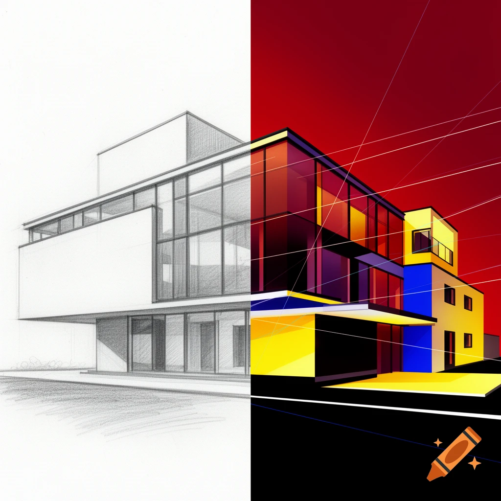 A modern building split into a detailed pencil sketch on the left and a vibrant Bauhaus-style digital painting on the right.