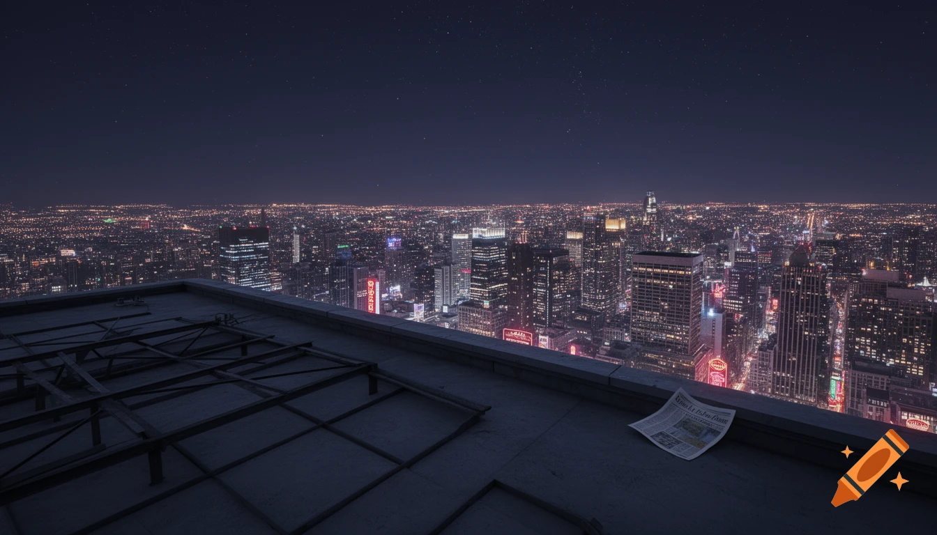 Photorealistic high-angle view of a glowing city skyline at night from a dark rooftop with a newspaper.