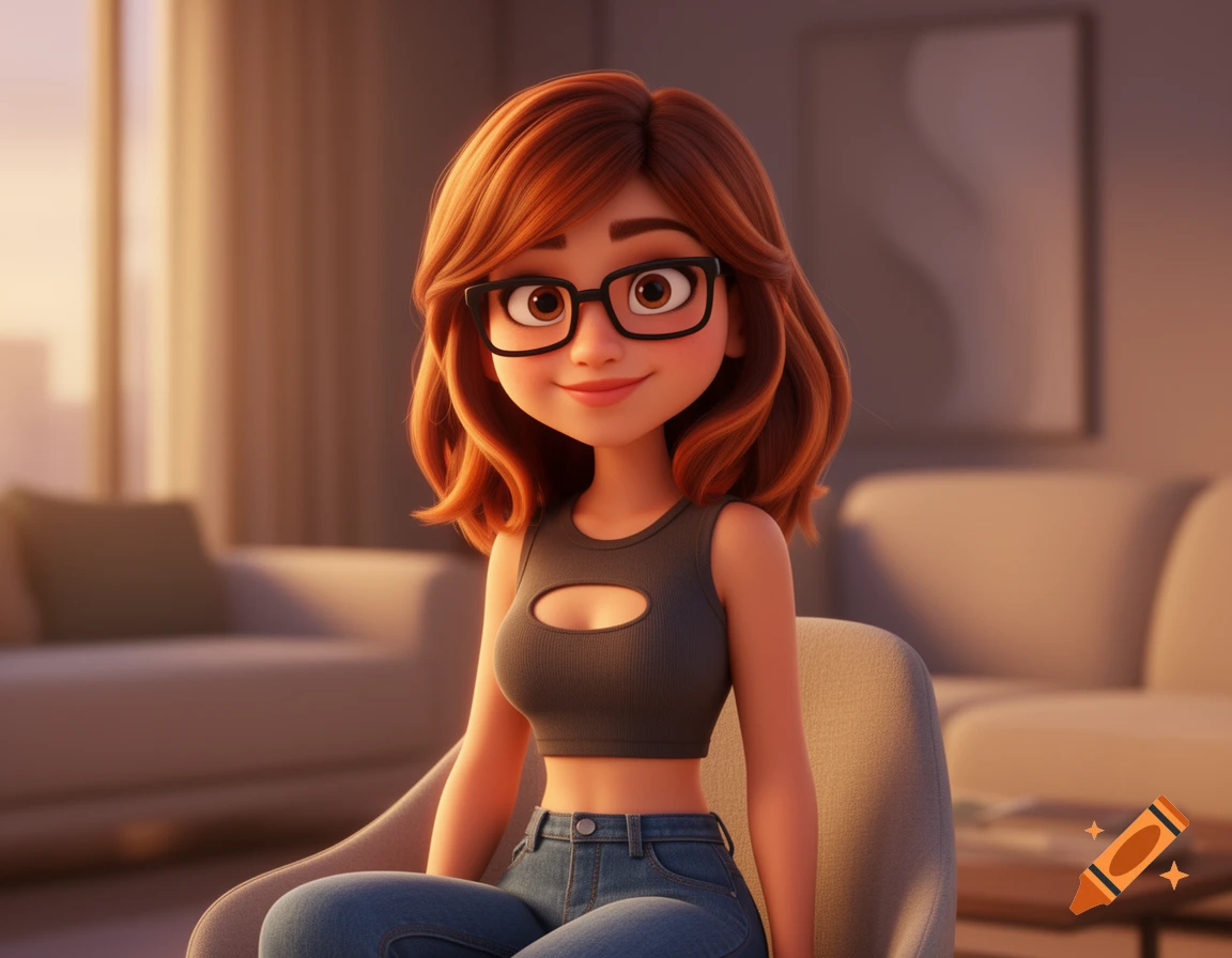 A 3D animated woman with reddish-brown hair and black glasses sits in a modern living room, wearing a gray crop top and blue jeans.