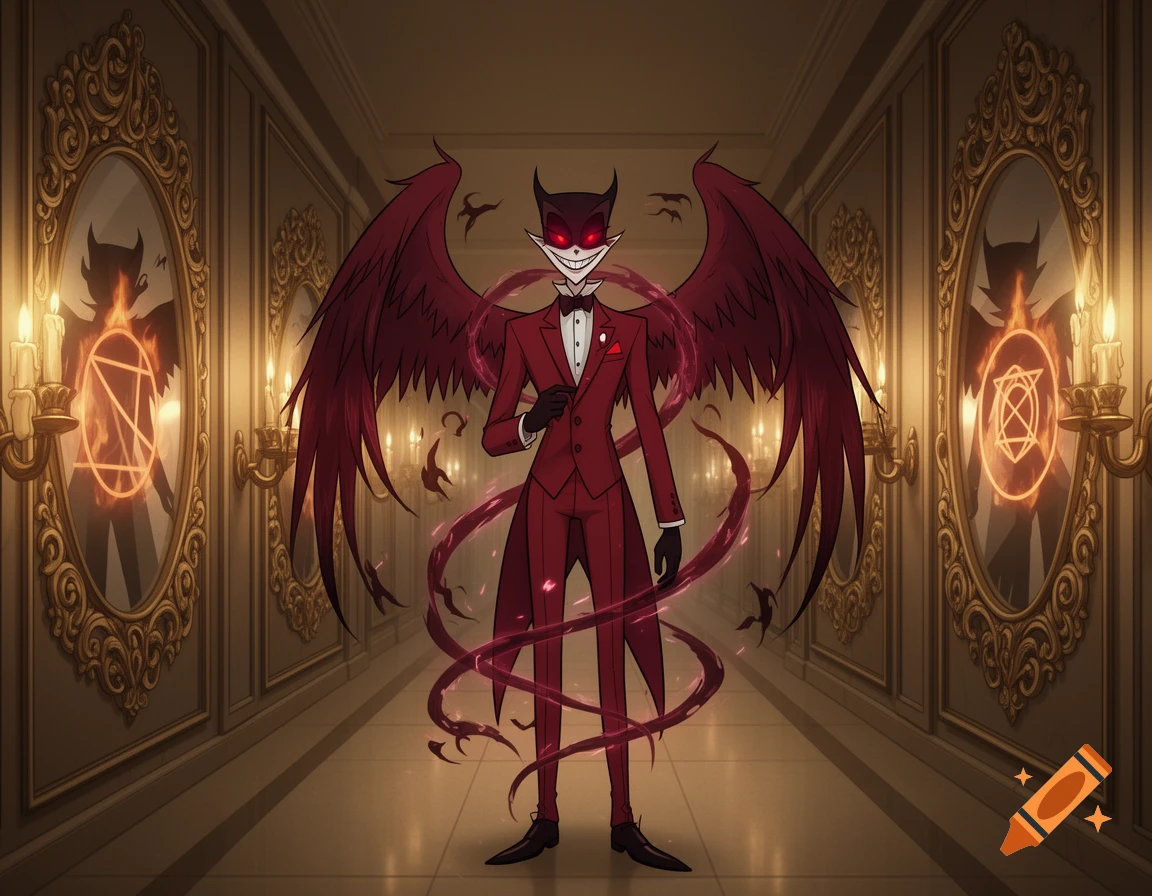 Anime-style fallen angel in a red suit, with red eyes and large dark wings, in an ornate hallway with glowing sigils in mirrors.