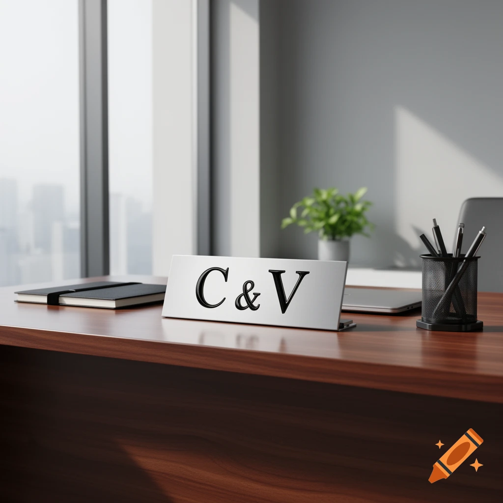 A photorealistic image of an office desk with a 'C & V' nameplate, a notebook, a pen holder, and a plant.