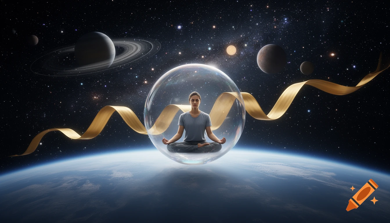A person meditates peacefully inside a translucent bubble floating above Earth in outer space, surrounded by planets, stars, and a golden ribbon.
