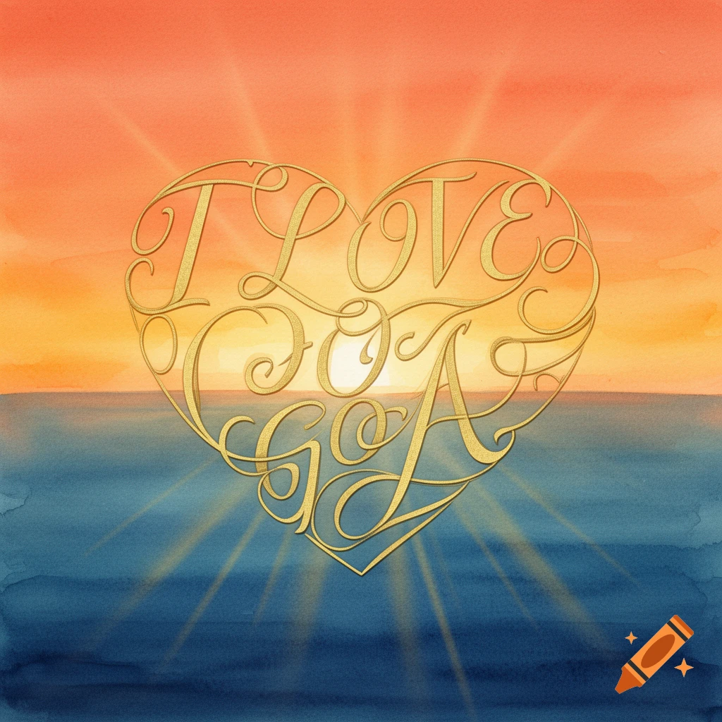 A golden calligram spelling "I LOVE GOA" in a heart shape, set against a watercolor sunset over the ocean.