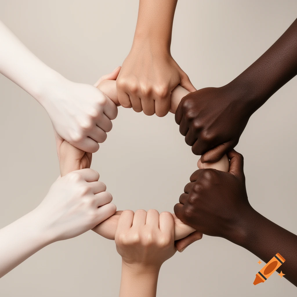 Five hands with different skin tones interlocked in a circle, viewed from above.