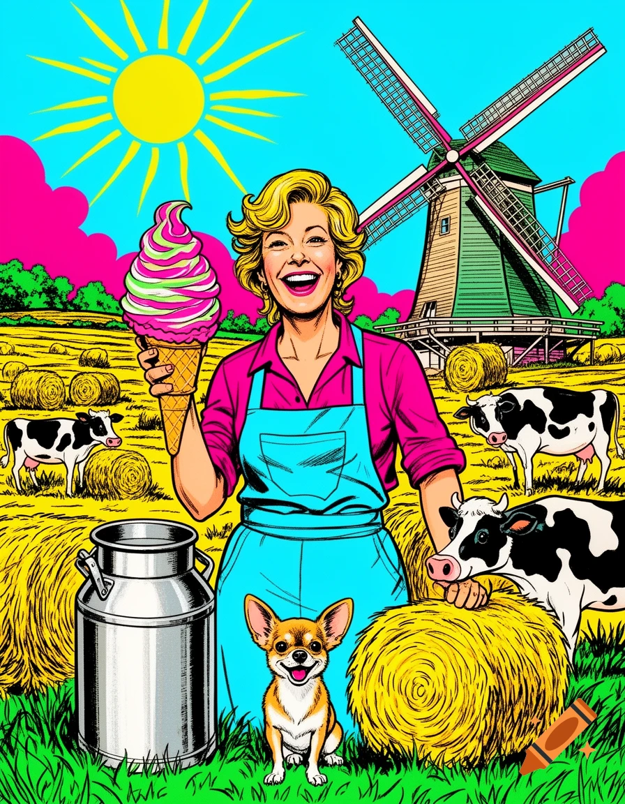Vibrant pop-art painting of a smiling woman holding ice cream on a farm with a chihuahua, cows, hay bales, and a windmill under a bright sun.