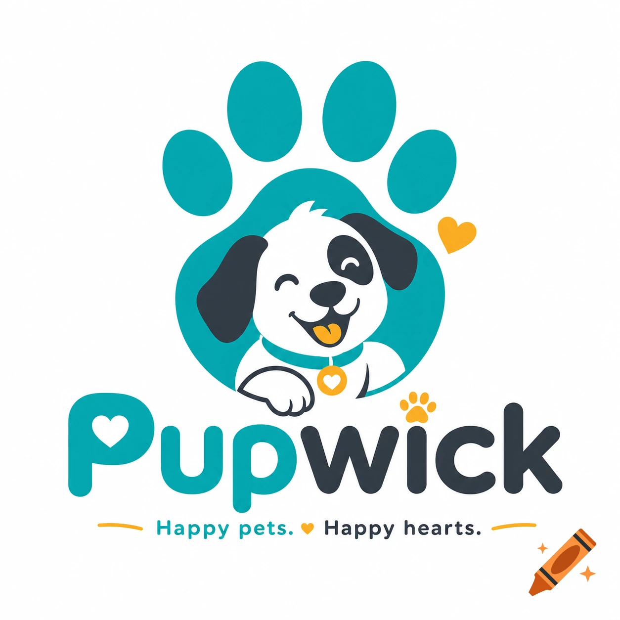 A colorful pet shop logo featuring a happy white puppy with a black eye patch, wearing a collar with a heart tag. The puppy is in front of a large teal paw print. Below, the text 'Pupwick' with a heart in place of 'U' is visible, along with the tagline 'Happy pets. Happy hearts.'