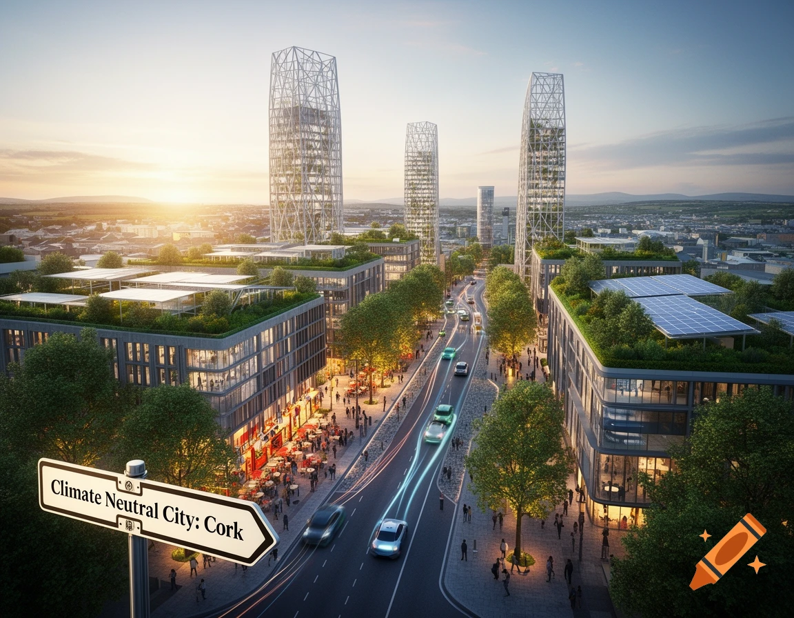 Photorealistic aerial view of a modern, green city with tall buildings, rooftop gardens, solar panels, and a sign 'Climate Neutral City: Cork' at sunset.