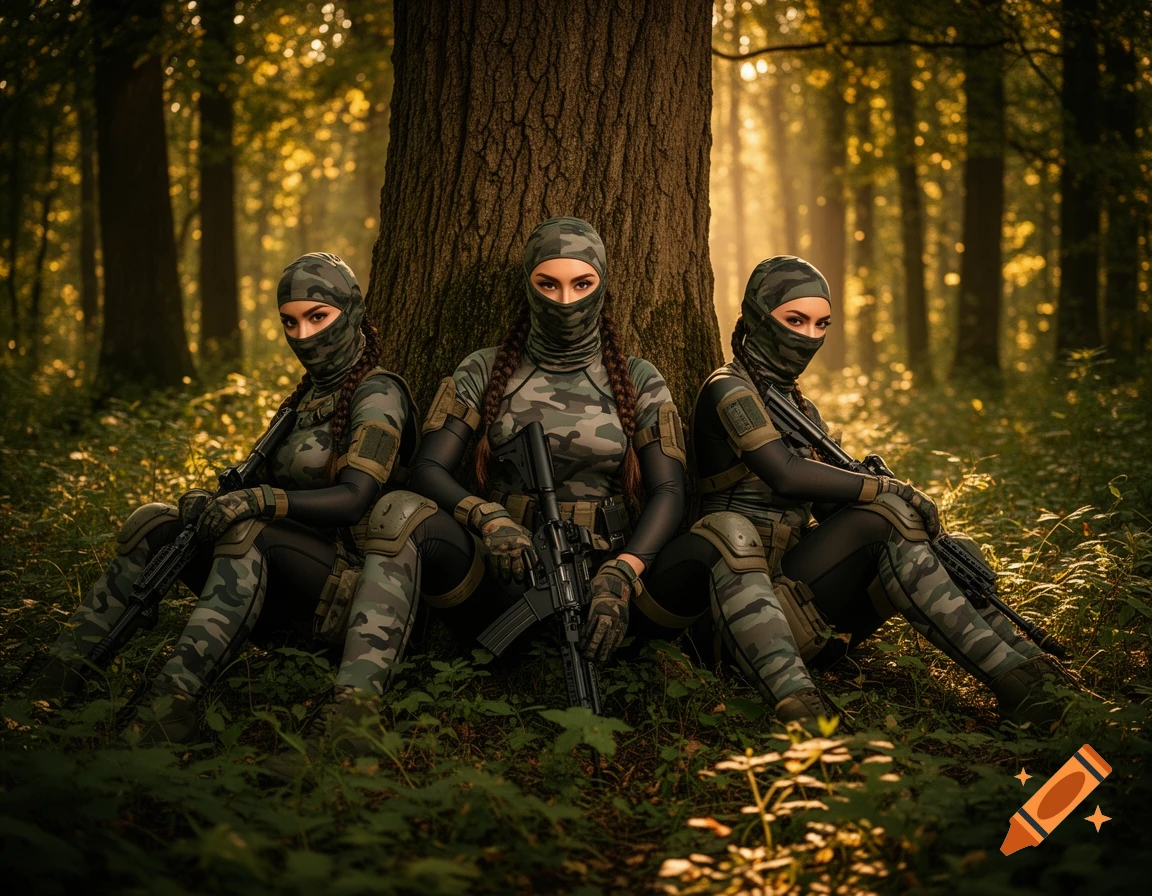 Three women in tactical camouflage, balaclavas, and rifles sit against a tree in a sunlit dense forest.