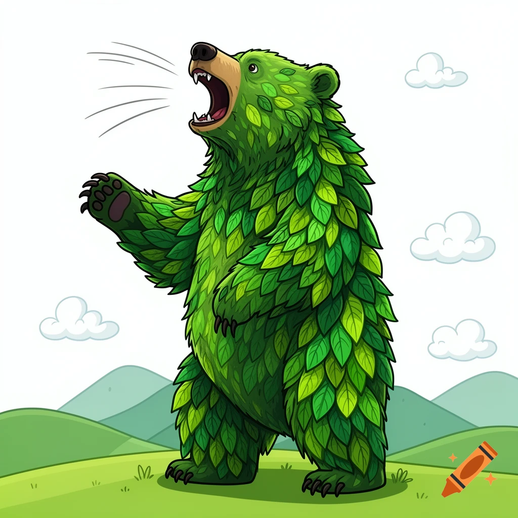 A cartoon green bear made of leaves stands on its hind legs, roaring in a grassy landscape with clouds.