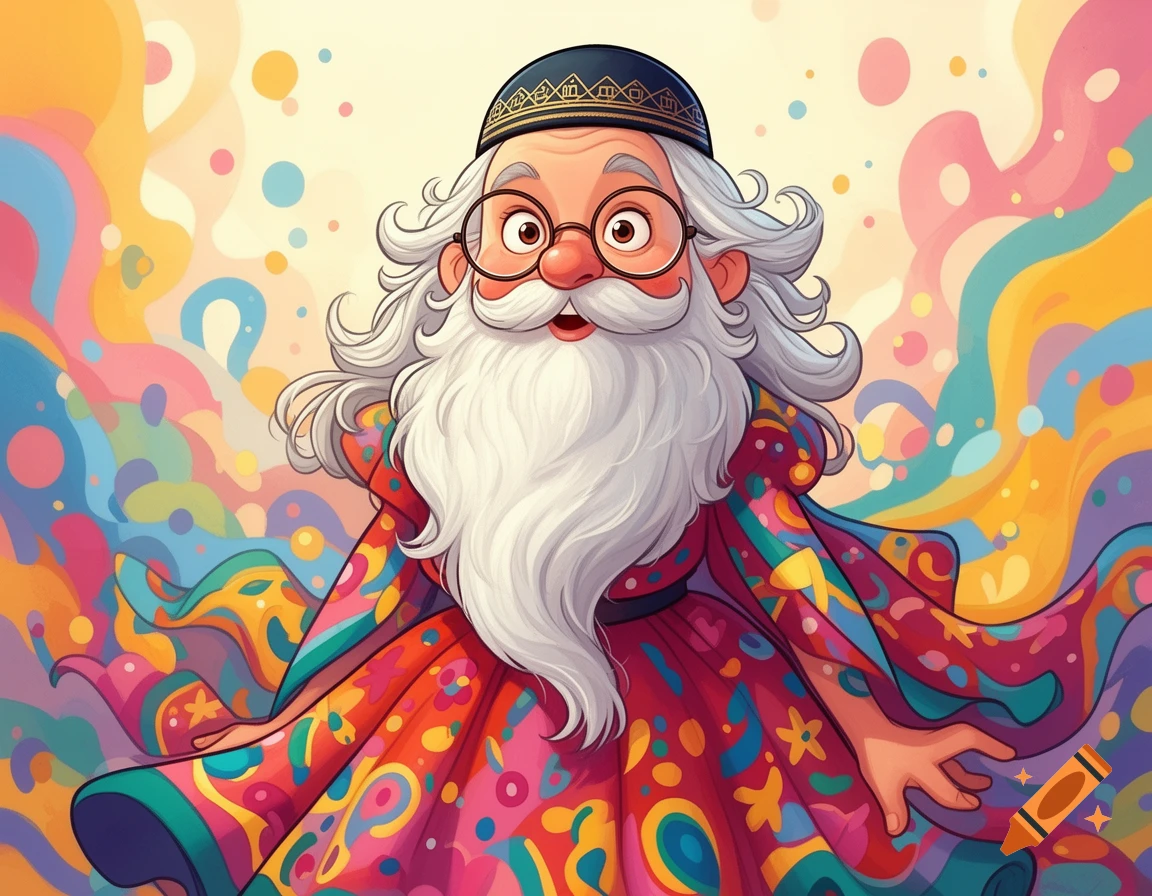 Cartoon old man with a white beard, round glasses, a dark kippah, and a vibrant, multicolored robe, against a psychedelic background.