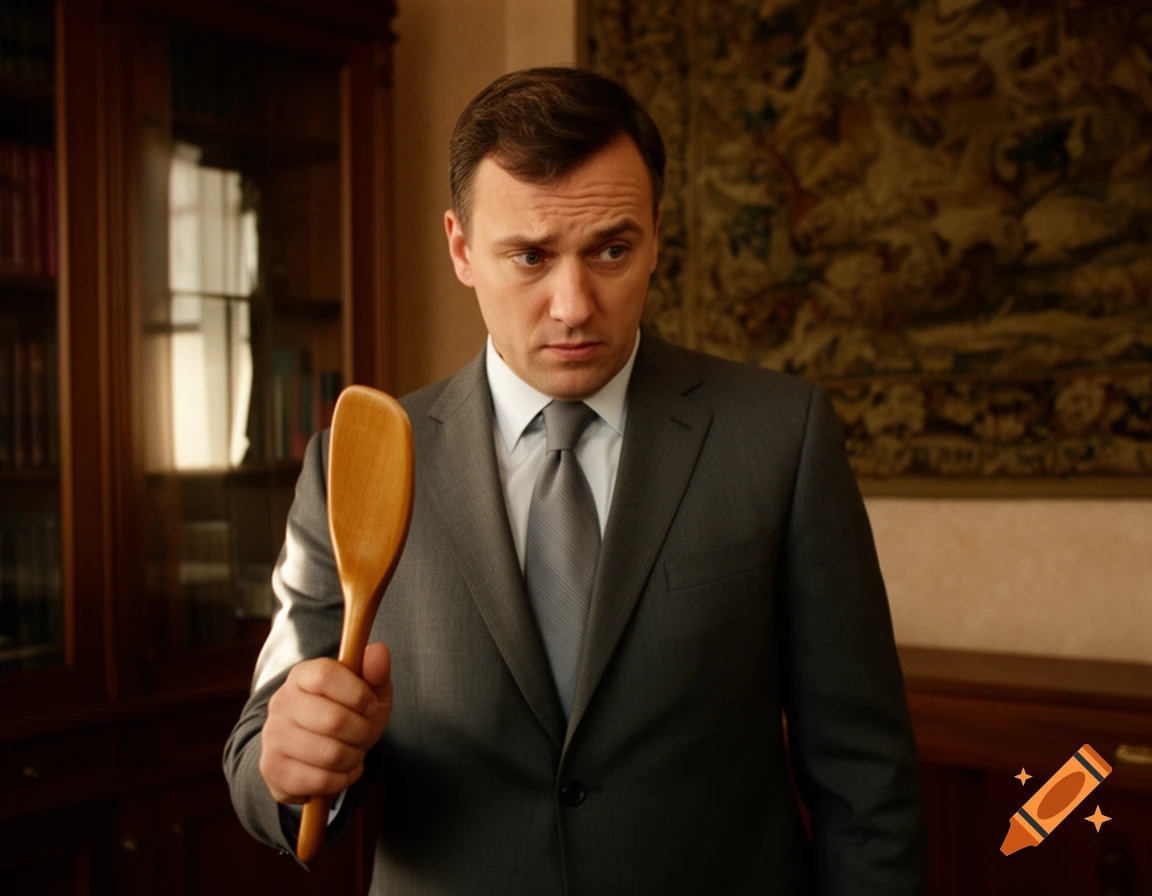 A man in a gray suit holds a wooden paddle, looking at it with a slightly surprised expression in a formal room.