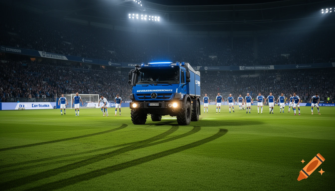 A blue Unimog truck drives on a soccer field at night, leaving tire tracks. Soccer players in blue uniforms stand on the field, with a crowded stadium in the background.