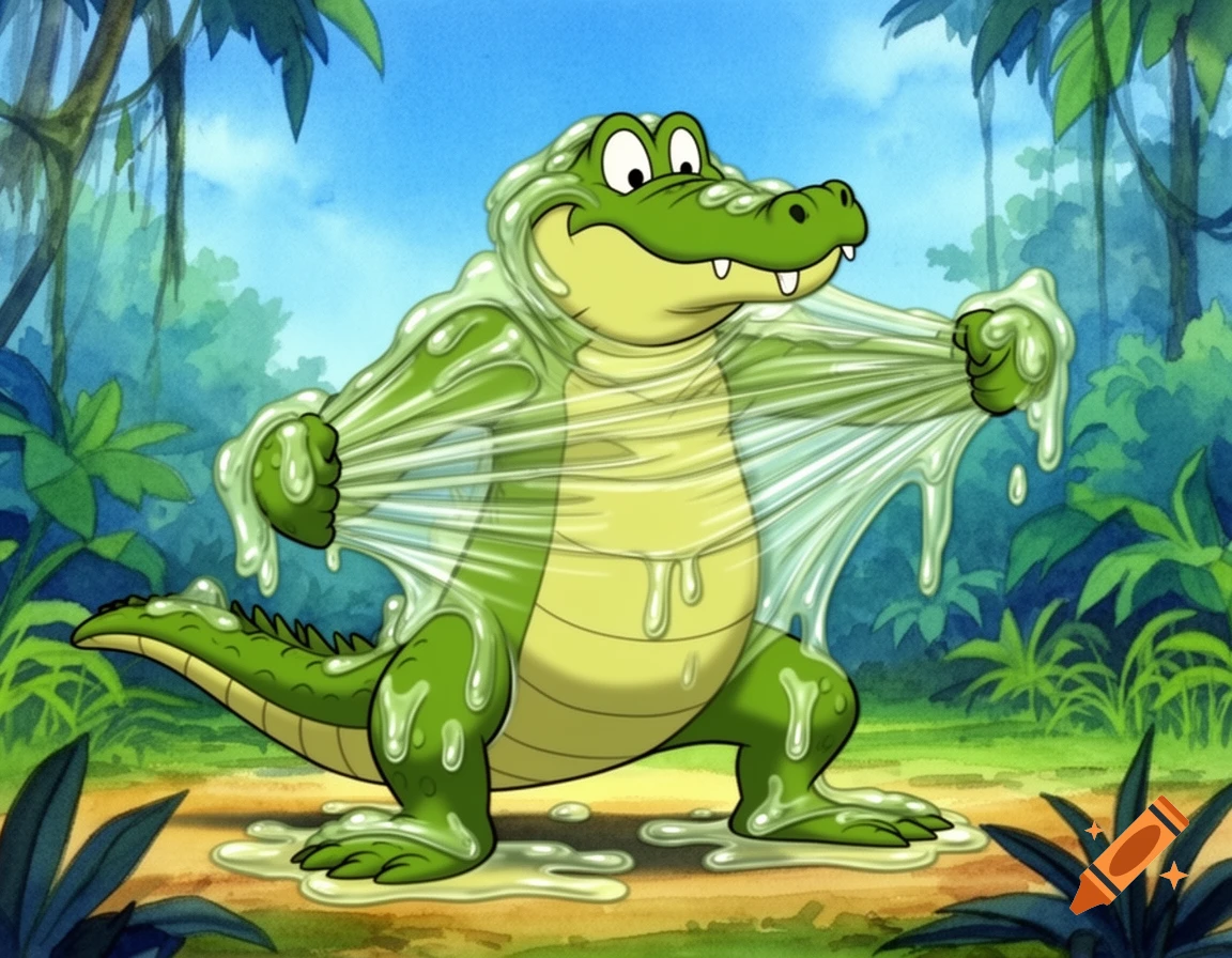 A cartoon alligator, in 90s Disney style, stretches thick, clear green slime covering its body in a jungle setting.