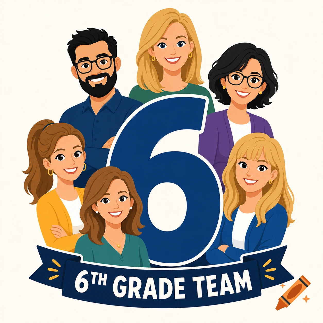 Vector illustration of six diverse teachers surrounding a large number 6, with a banner below reading "6TH GRADE TEAM".