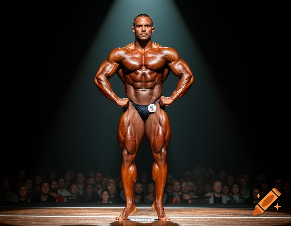 Muscular male bodybuilder poses on stage under a spotlight with an audience in the background, photorealistic.