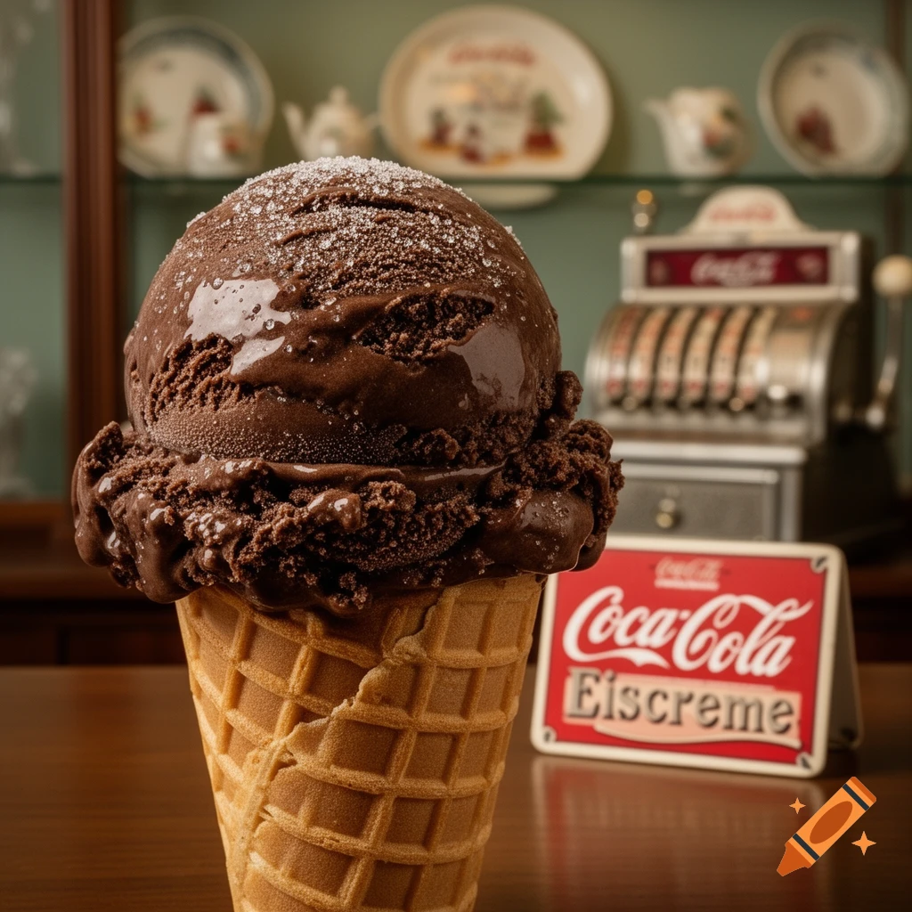 A close-up photorealistic shot of a large scoop of chocolate ice cream with sugar crystals in a waffle cone, against a blurred retro ice cream parlor background with a Coca-Cola sign.