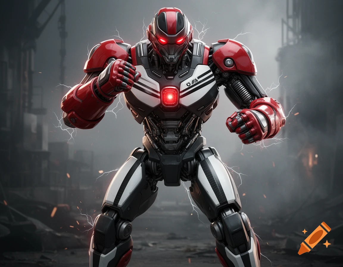 A powerful red and black hybrid mech robot stands in a boxing stance with glowing red eyes and chest core amidst sparks in an industrial battlefield.