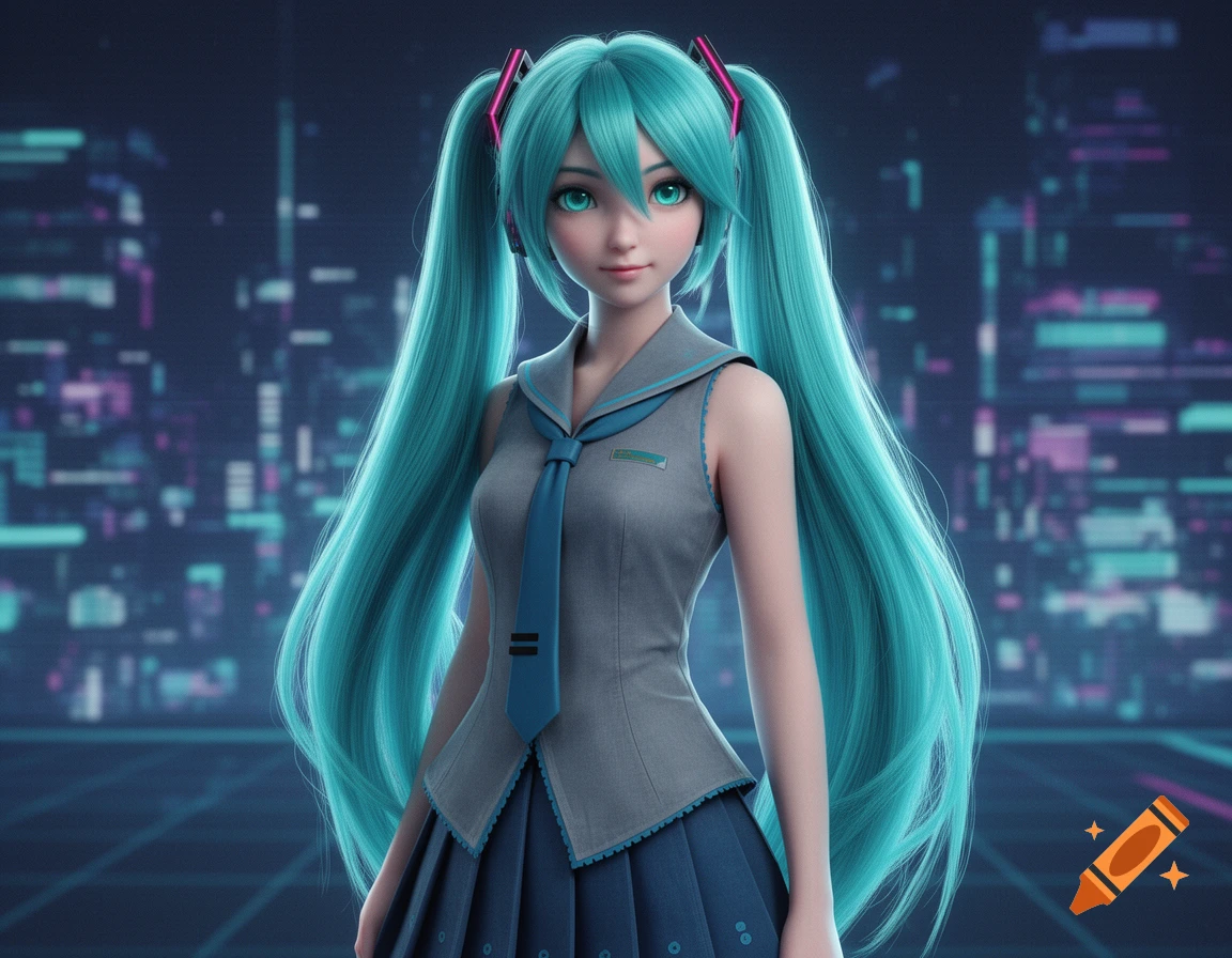 A 3D render of Hatsune Miku with long teal pigtails and a school uniform, standing against a futuristic city background.