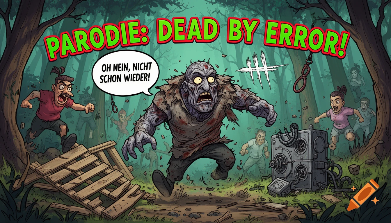 A cartoon forest scene parodying Dead by Daylight, with a zombie chasing terrified survivors past a generator and a broken pallet. Text reads "PARODIE: DEAD BY ERROR!" and "OH NEIN, NICHT SCHON WIEDER!"