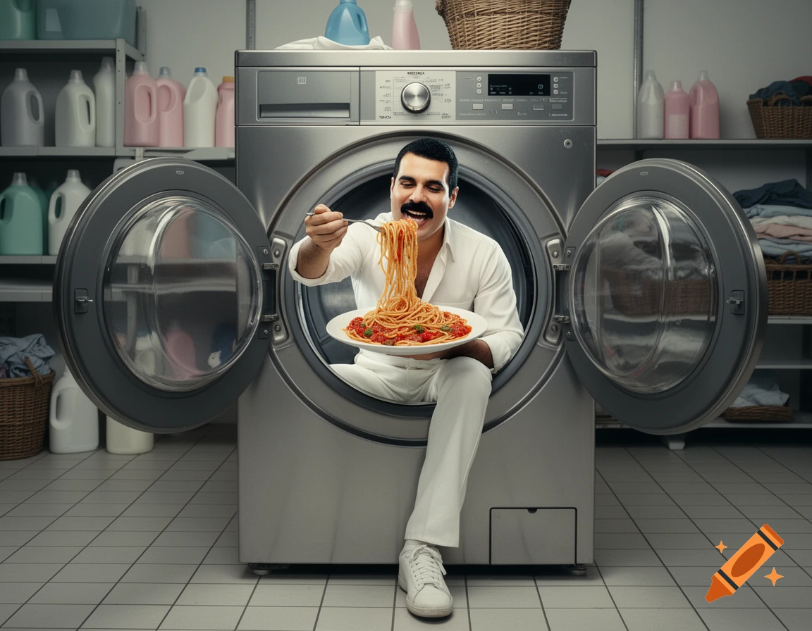 A man resembling Freddie Mercury sits inside a washing machine, joyfully eating a large plate of spaghetti with a fork in a photorealistic style.
