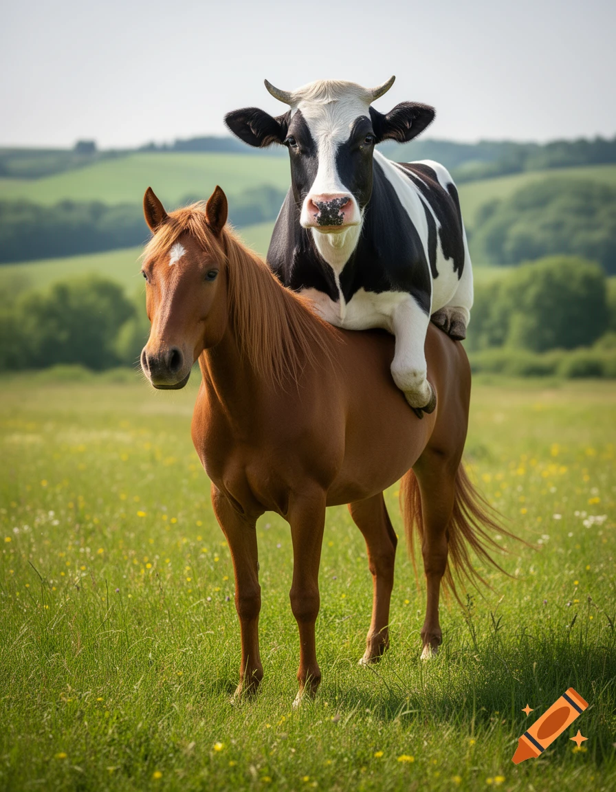 A black and white cow sits on the back of a brown horse in a green, grassy field with rolling hills in the background.