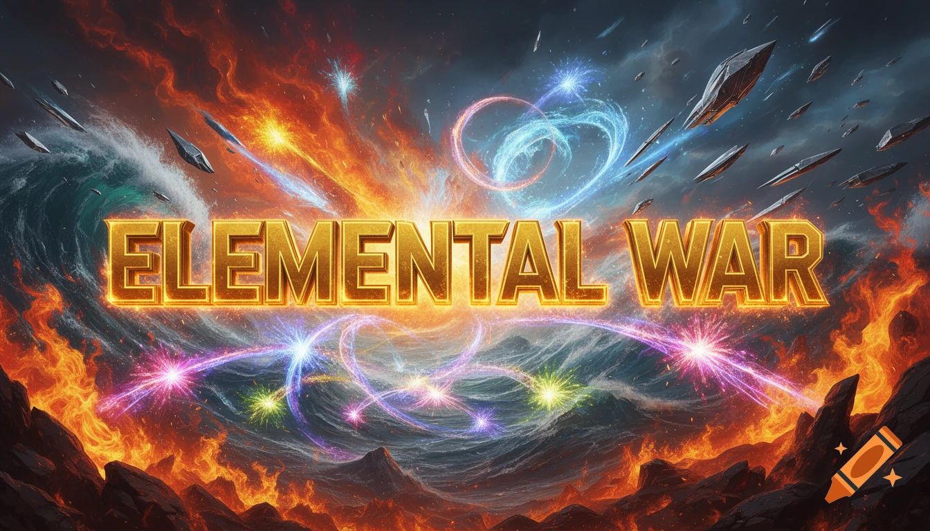 Golden 3D text 'ELEMENTAL WAR' glows against a chaotic background of fire, water, and metal elements clashing with magic explosions in a cinematic style.