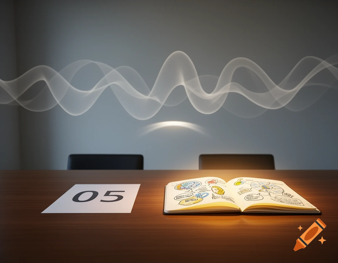 A minimalistic meeting room with a table, a paper labeled "05", an open notebook with sketches, and abstract wavy light forms above.