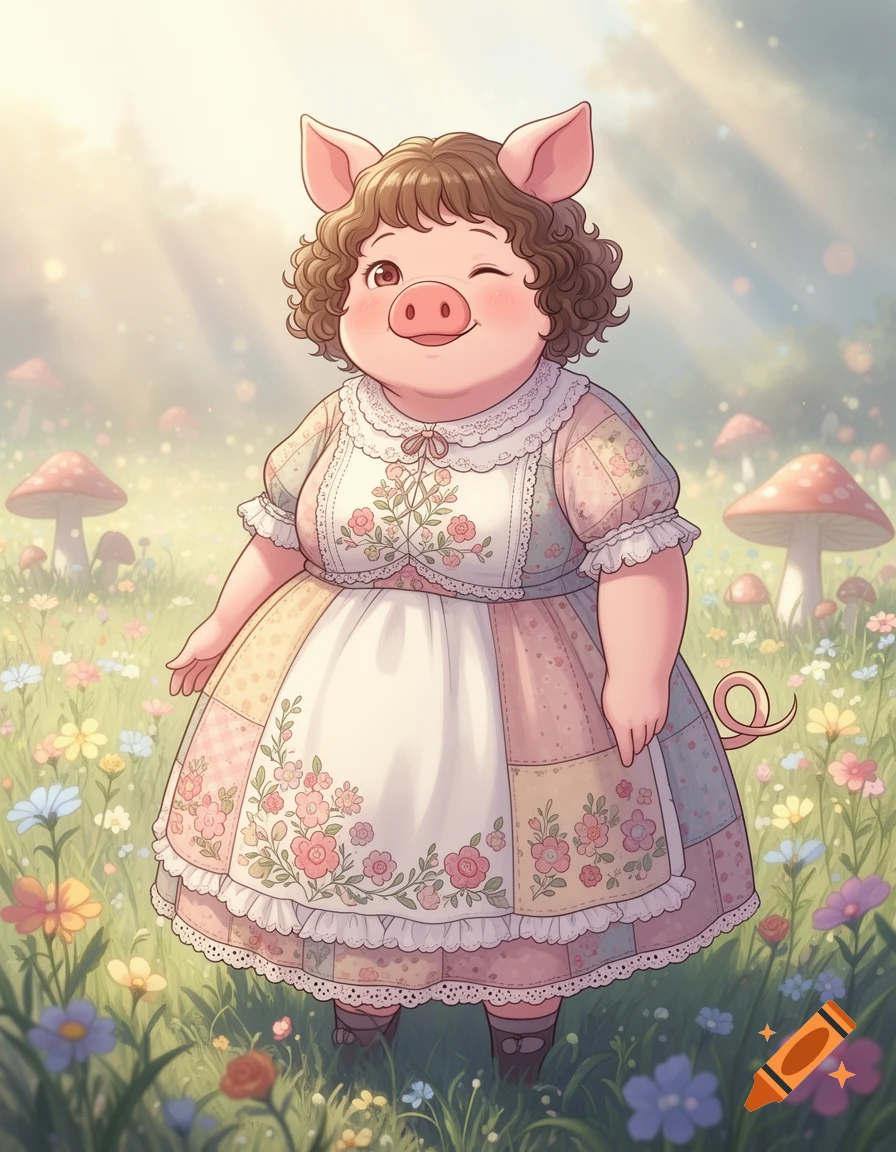 Anime-style anthropomorphic pig character winking, wearing a pastel patchwork dress and apron, in a field of wildflowers and mushrooms.