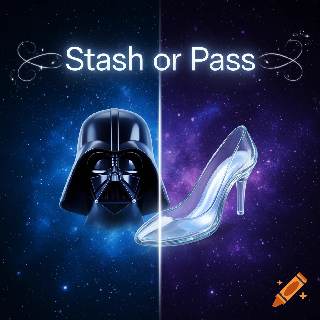 Darth Vader helmet and a glass slipper on a split blue and purple cosmic background with 'Stash or Pass' text.