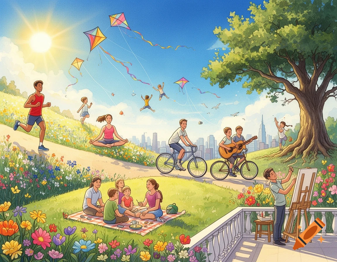 Vibrant illustration of people enjoying a sunny day in a park, engaging in activities like running, cycling, kite flying, picnicking, and painting, with a city skyline.