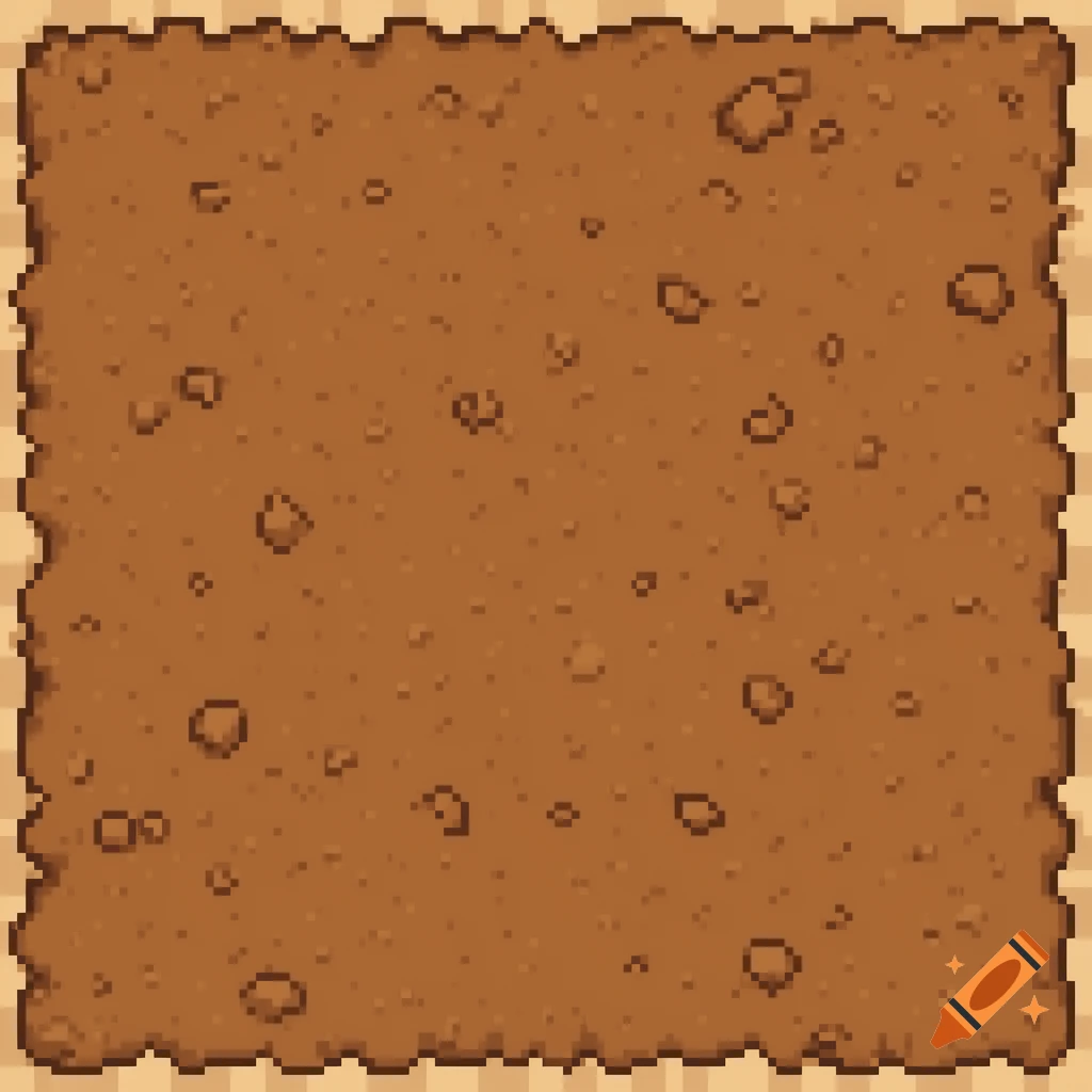 A pixel art top-down dirt tile, featuring a brown textured surface with various small dark brown specks and irregularities.