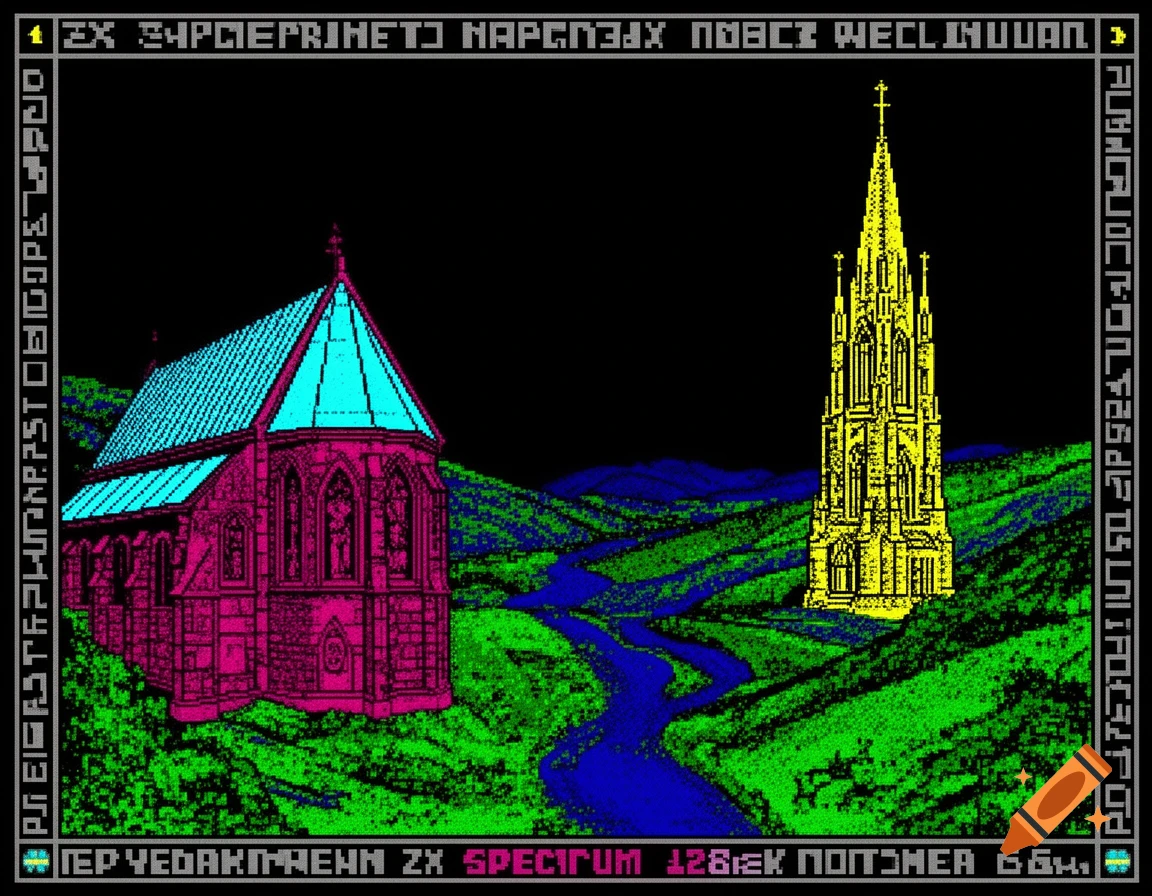 A pixel art landscape in ZX Spectrum colors showing a magenta monastery and a yellow tower separated by a blue river, framed by decorative, mostly illegible text.