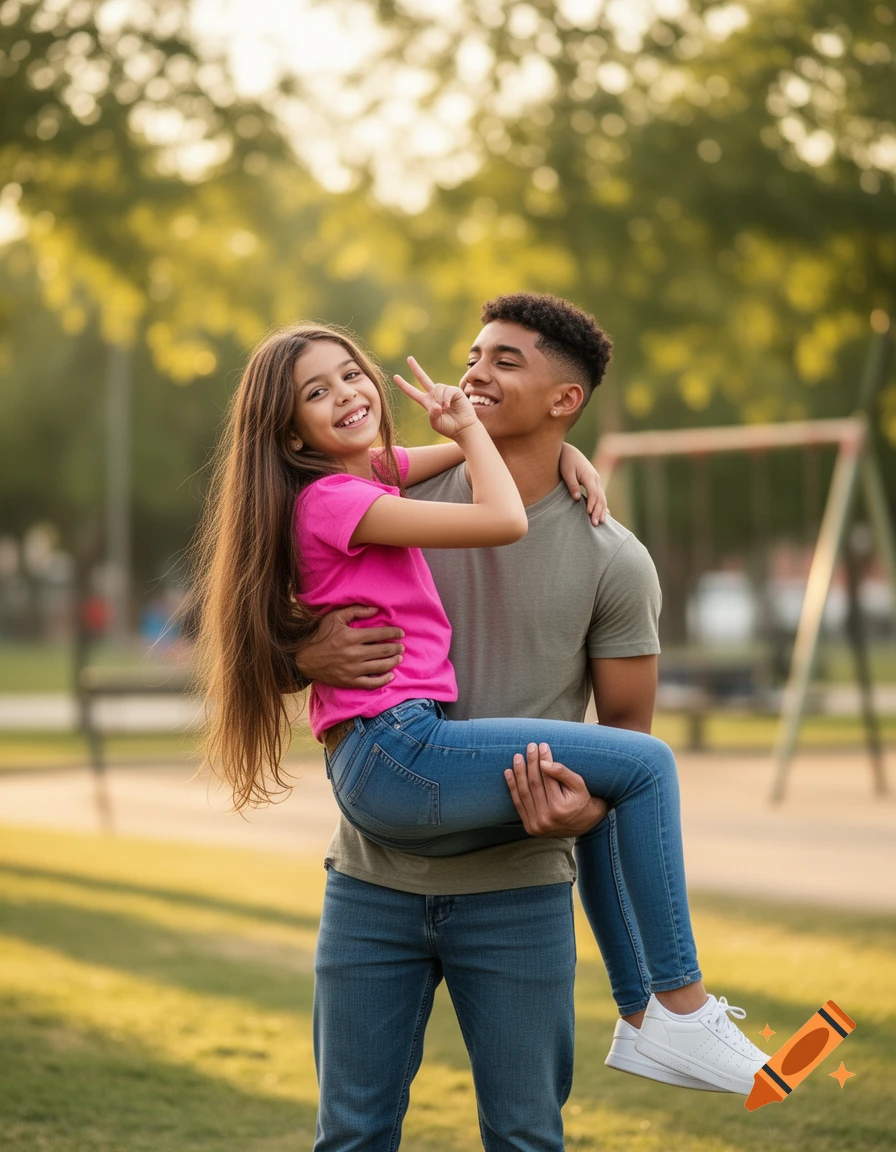A young man carries a smiling girl making a peace sign in a sunny park.
