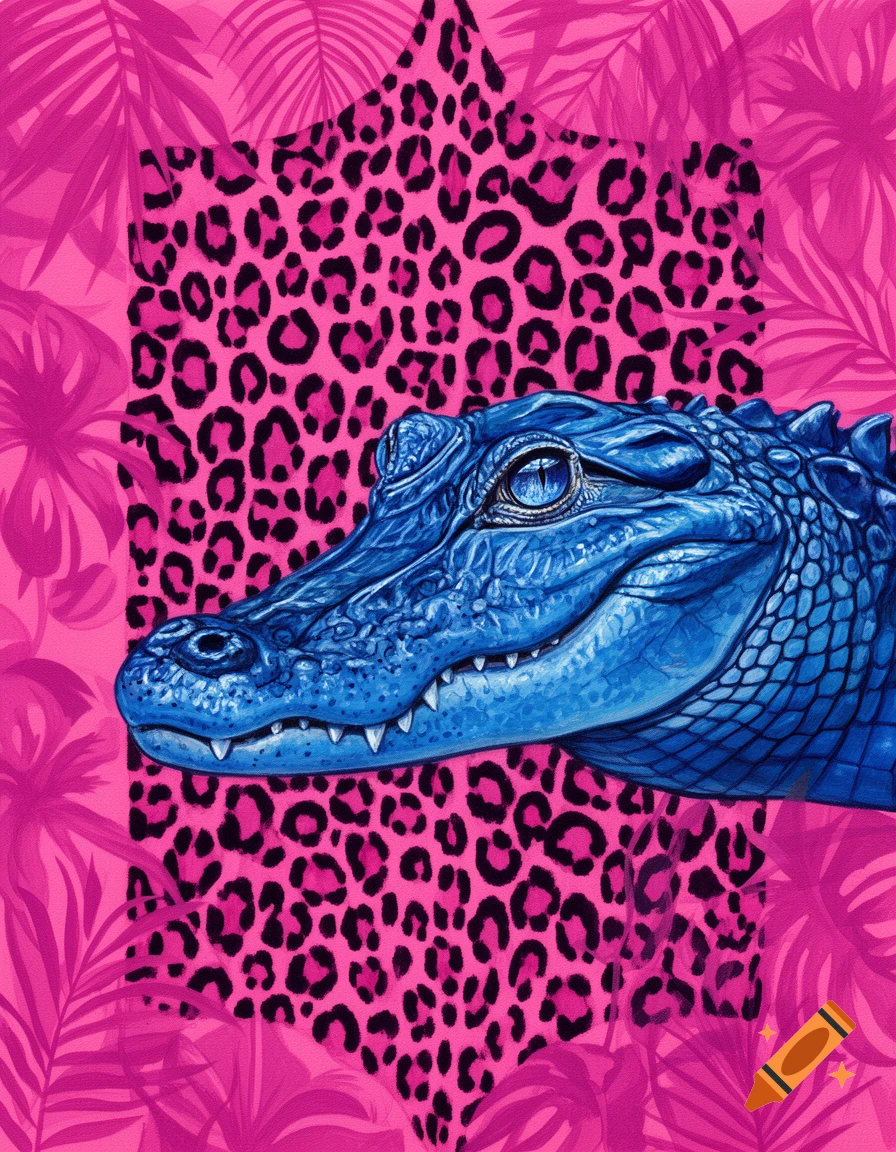 A vibrant blue alligator head on a pink background with leopard print and jungle leaves in a bold pop art style.