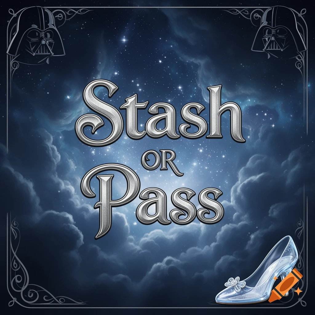 A graphic titled 'Stash OR Pass' in silver ornate text, set against a starry night sky with clouds, framed by Darth Vader helmets and a glass slipper.