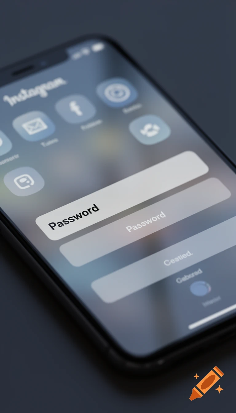 A close-up, photorealistic view of a smartphone screen displaying an Instagram-like login interface with password fields and some garbled text.