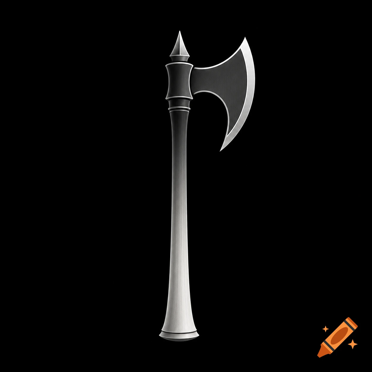 A stylized silver and black axe illustration with a pointed top and curved blade, centered on a solid black background.