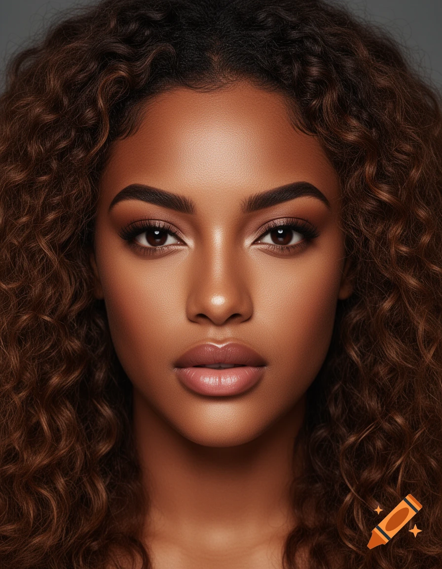 A photorealistic close-up portrait of a young woman with caramel skin, deep eyes, and voluminous curly brown hair.