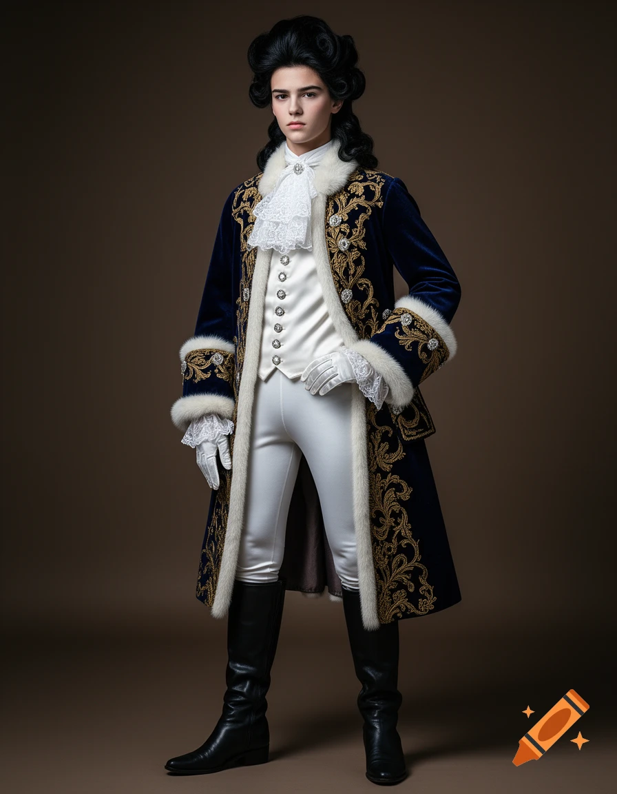 A young person in ornate baroque attire, wearing a navy blue and gold coat with white fur, white vest, white pants, and black boots.