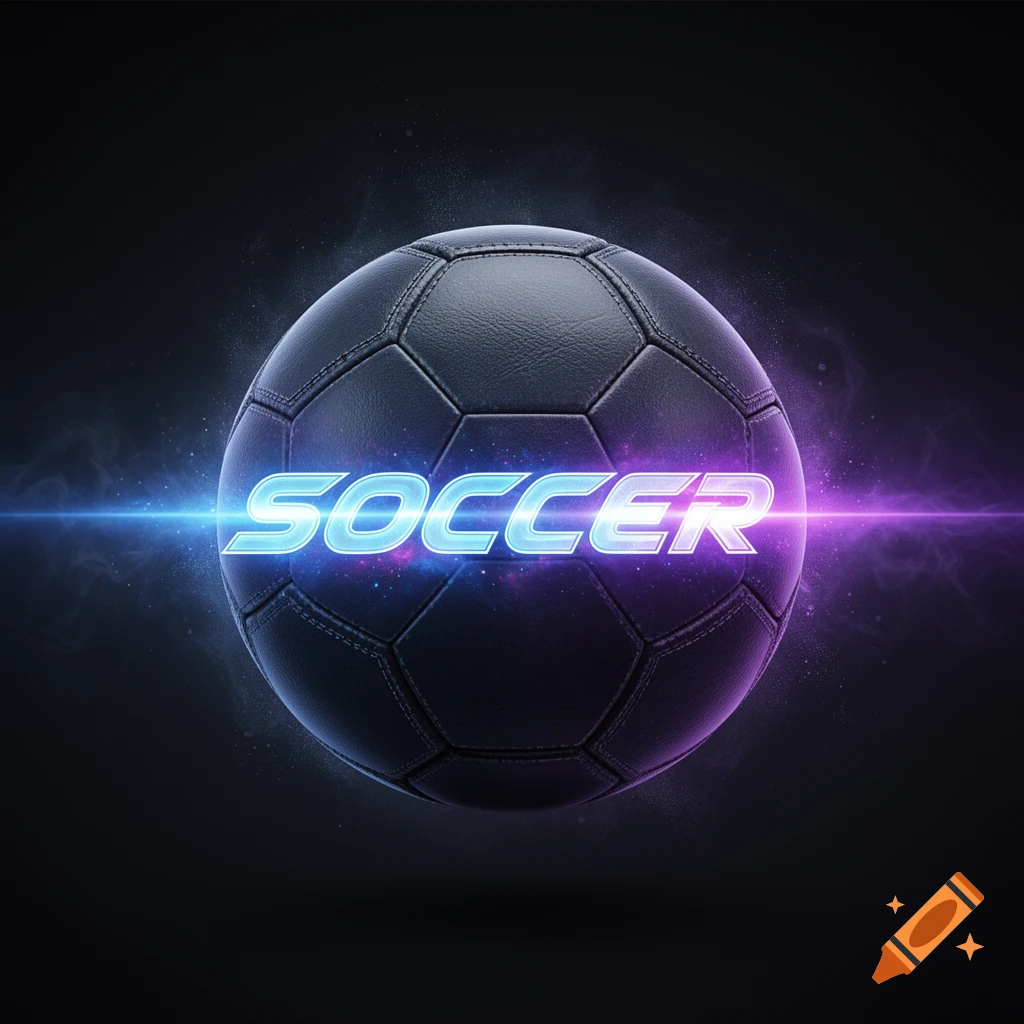 A dark soccer ball with glowing neon blue and purple 'SOCCER' text piercing through its center, surrounded by cosmic dust.