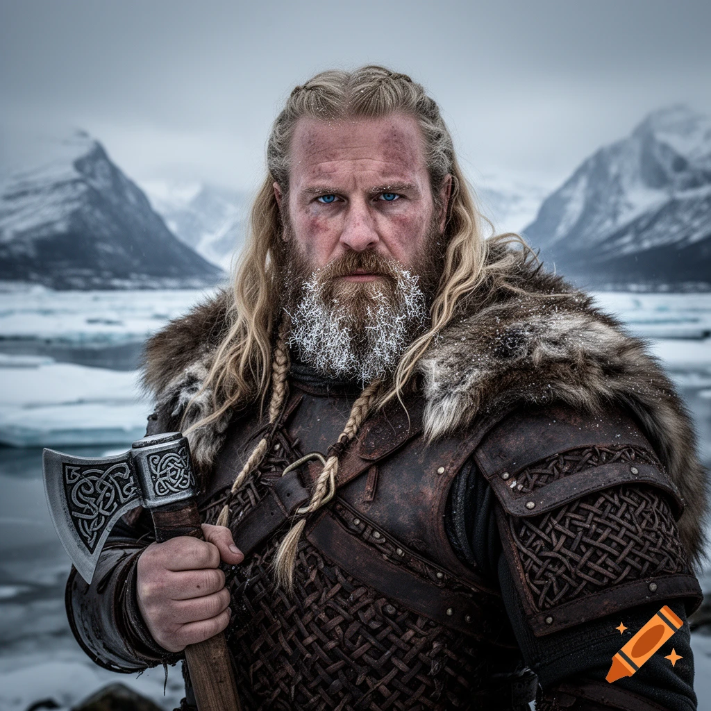 Photorealistic portrait of a frost-bearded Viking warrior in fur and leather armor, holding an axe in an icy, mountainous land.