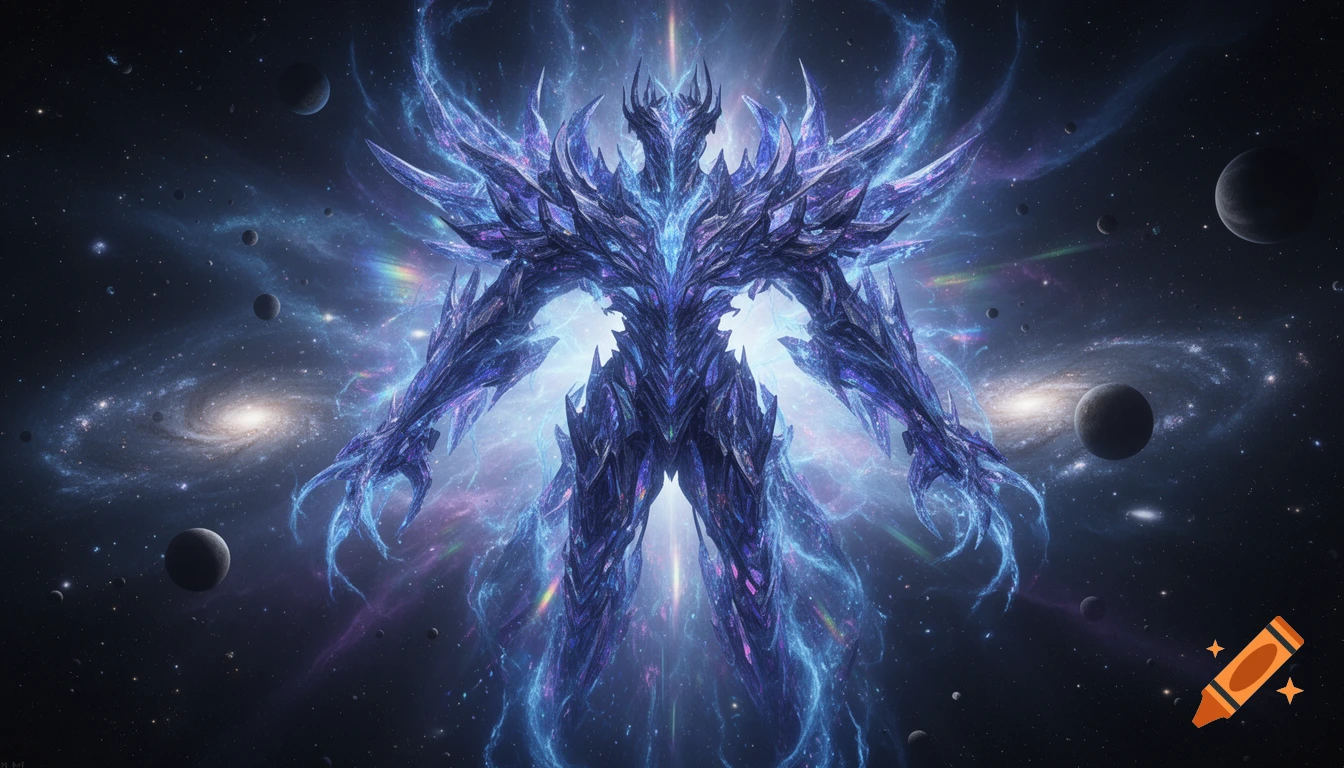 A gigantic, glowing crystalline humanoid figure stands amidst swirling blue and purple cosmic energy, surrounded by galaxies and planets in deep space.