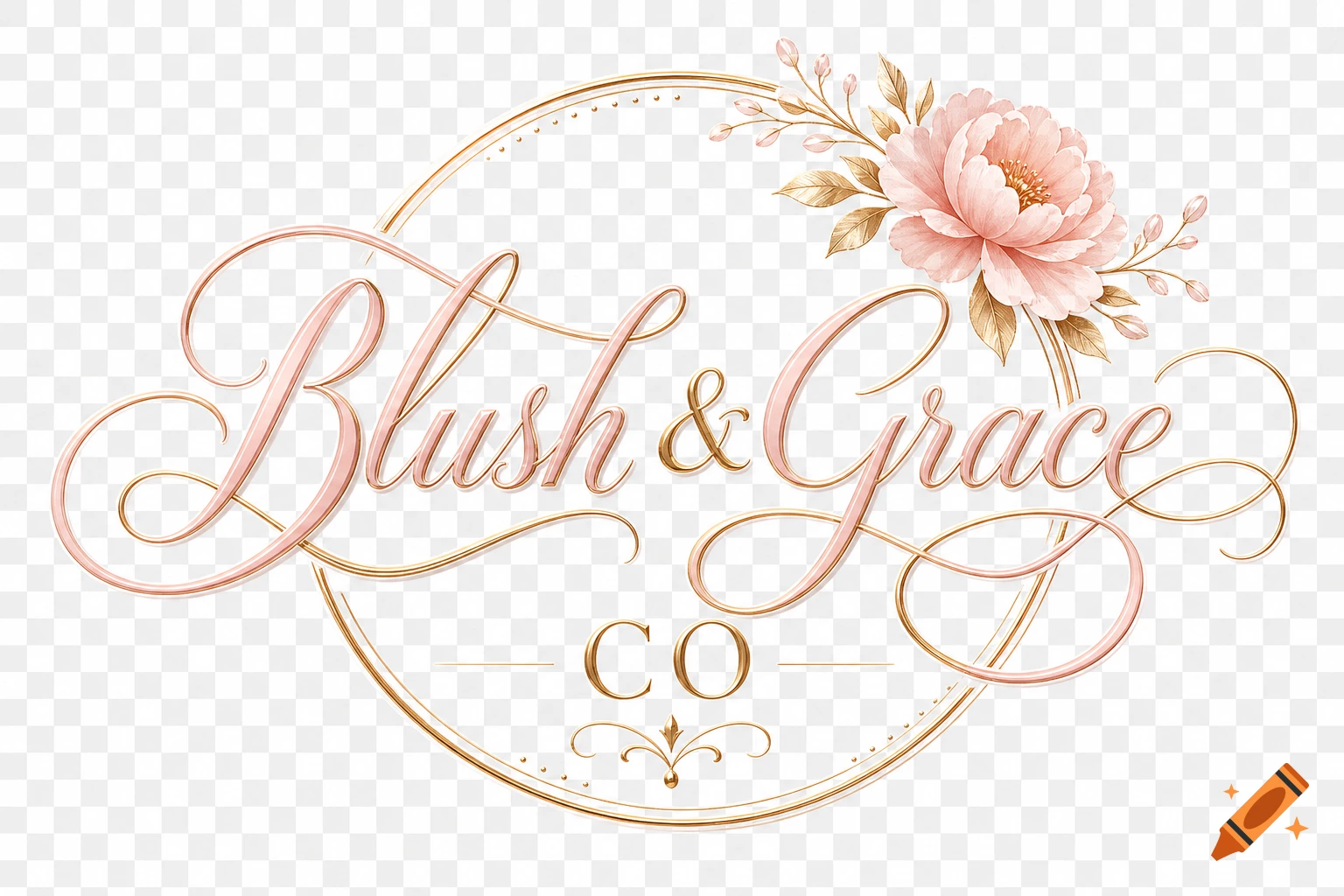 Elegant pink and gold logo for Blush & Grace Co with a floral design and decorative oval frame on a transparent background.
