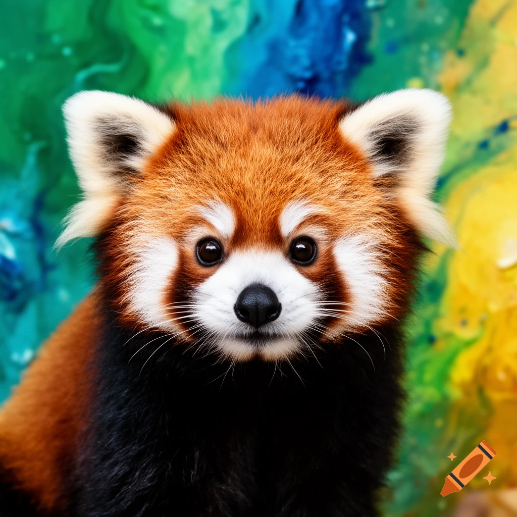 A close-up of an adorable red panda with fluffy orange and white fur, set against a vibrant, abstract green, blue, and yellow background.