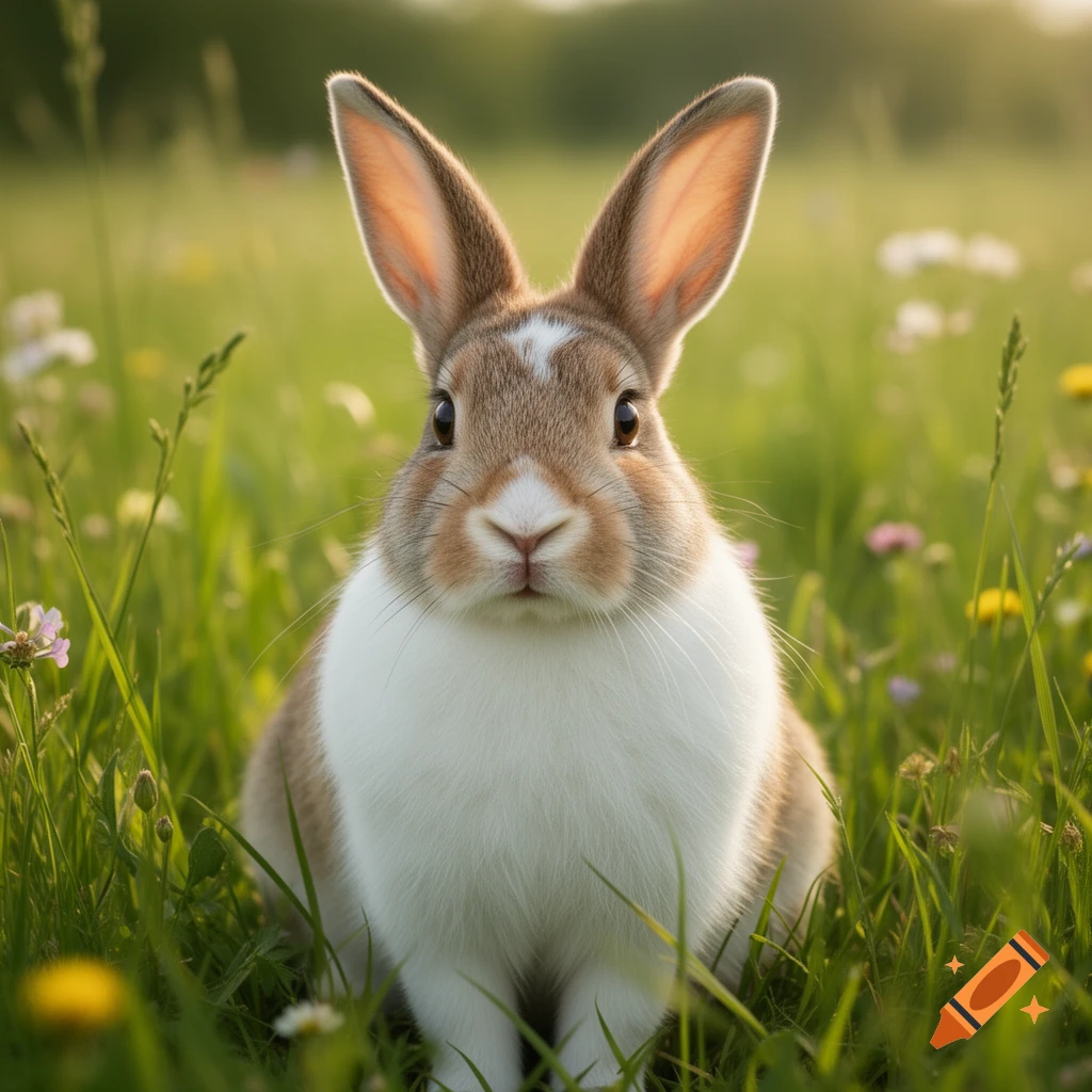 A fluffy brown and white rabbit with long ears sits in a lush green field of wildflowers, looking directly at the viewer.