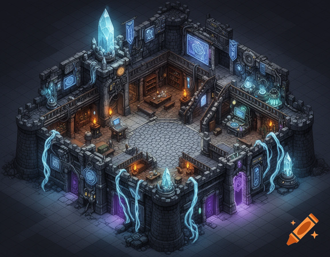 Isometric fantasy battlemap of a high-tech medieval fortress with glowing crystals, runes, and arcane technology.